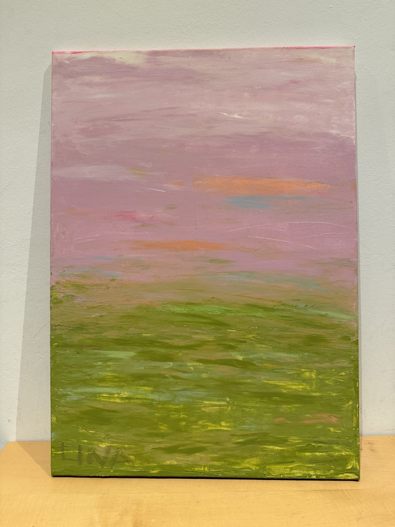 Frühlingswiese, Acryl auf Leinwand, 2026, Rosa und Maigrün